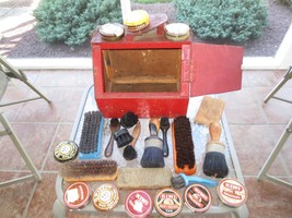 Vtg. Hand Crafted WOOD SHOE SHINE BOX w/Brushes, Polishes - 11&quot; x 8&quot; x 9&quot; high - £22.80 GBP