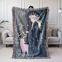 Mystic Elven Forest Woven Blanket Fantasy Deer Tapestry Throw Enchanted ... - $52.79+
