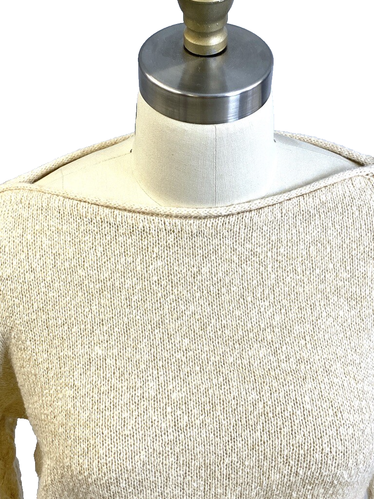 VTG 80s Beige Wool Blend Sweater Basket Weave Puff Sleeve Boatneck M Item image 2