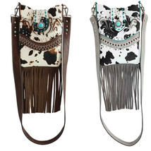 Cow Print Purse Crossbody Bag Fringe Western Handbag Women Buckle Shoulder Style - £25.95 GBP