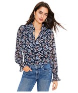 Loft Floral Smocked Ruffle Tie Neck Blouse Size L Blue Sheer Cottage Spr... - $33.94 CAD