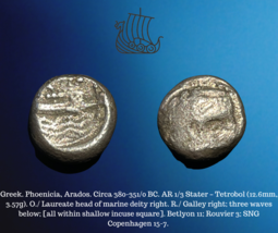 380-350 BC Grec Pièce Phénicienne Arados Ar Argent 1/3 Stater Tetrobol Ancien - £95.19 GBP