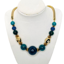 Gold Tone Necklace 16&quot; Beaded Tube Chain Blue Gold Beads Statement Career - $16.82