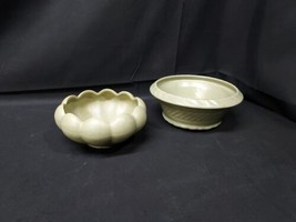 Lot of 2 - MID CENTURY MODERN Green Round Pottery Bowl Bowls Planters USA - £21.93 GBP