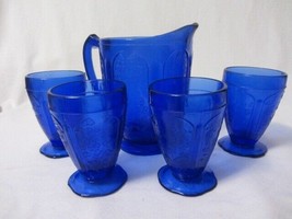 Vintage J EAN Nette Glass Cherry Blossom Cobalt Blue Pitcher &amp; 4 Glasses - £37.19 GBP