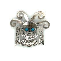 Vtg Signed K.I. Sterling Silver Modern Etch Viracocha Inca Aztec Brooch Pendant - £98.90 GBP