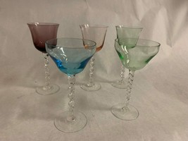 Set of 5 Twisted Stem Hand Blown Various Colored Bowl Cordial Glasses Vintage - £38.67 GBP