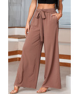 Coffee High Waisted Tie Front Side Pocket Wide Leg Flowy Casual Pants - $312.66 MXN