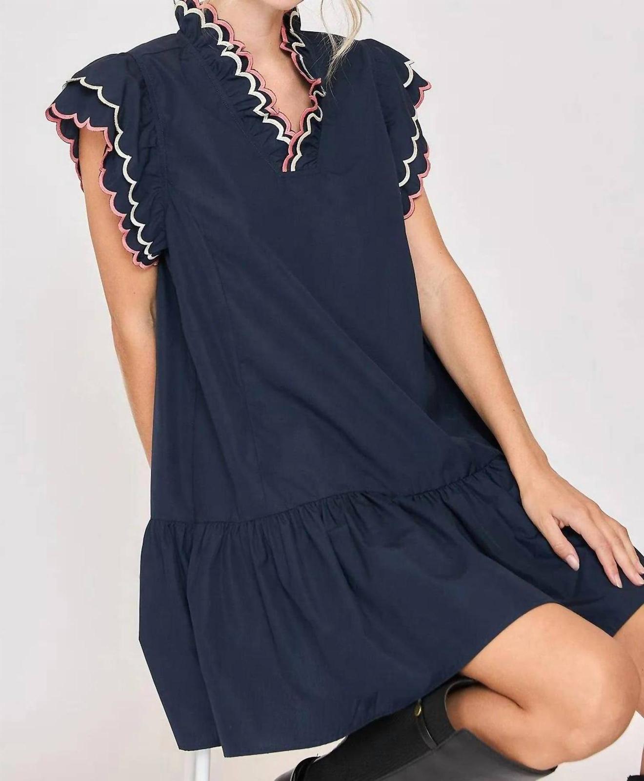 Trendsi Umgee Full Size Ruffled Scalloped Sleeved Dress Plus Size Dark Navy - $55.00