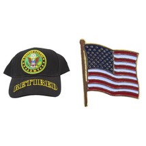 United States Army Retired Black Hat Cap &amp; American Flag Lapel Pin - £11.31 GBP
