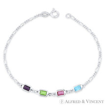 Purple Green Pink Blue CZ Crystal Figaro Italy Chain .925 Sterling Silver Anklet - £21.08 GBP+