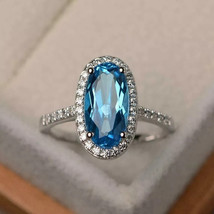 2.50Ct Oval Simulated Blue Topaz Halo Wedding Ring 14K White Gold Plated Silver - £94.24 GBP