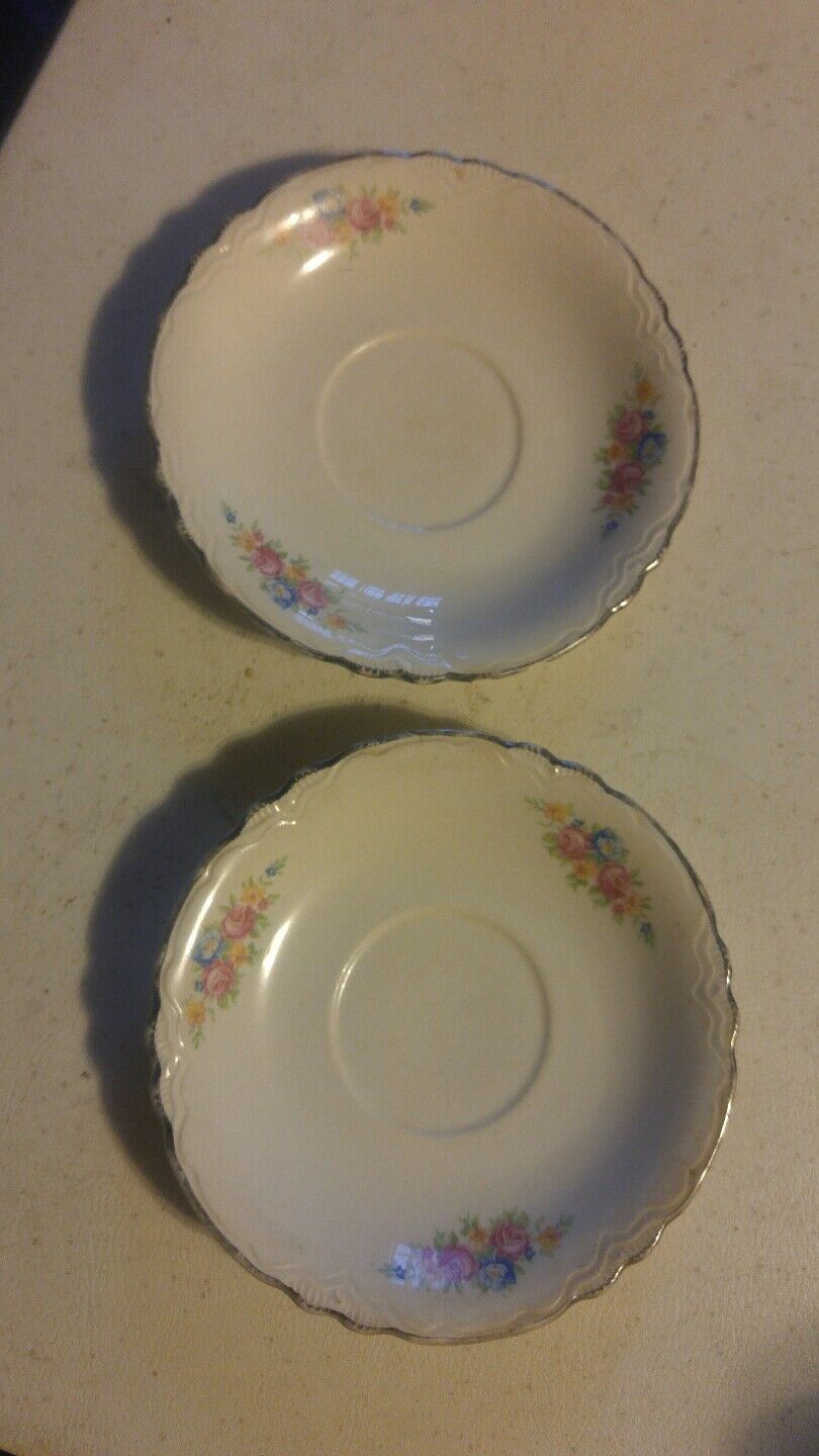 015 2 Homer Laughlin Rose &amp; Blue Flower Saucers USA Made Silver Edge Sca... - $9.99