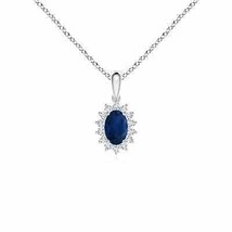 Oval Sapphire Pendant with Floral Diamond Halo in 14K White Gold (AA, 6x4MM) - £492.81 GBP