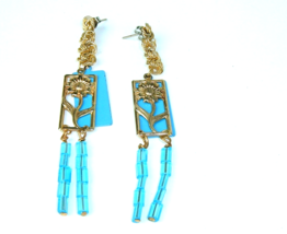 Blue Boho Floral statement Earring Danglers Retro Vintage cottagecore - £7.72 GBP