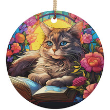 Cute Cat Book Stained Glass Flower Wreath Coloful Ornament Christmas Gift Decor - £11.83 GBP