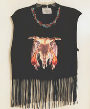 NWT Forte Couture Teka Black Fringe Cowskull Knit Top Size M New Tag T-S... - $29.99