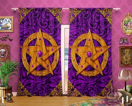 Gold Wicca Pentacle Curtains, Purple, WItch Home Decor, Window Drapes, Sheer and - £131.50 GBP