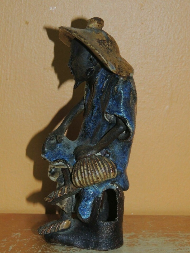 Chinese Mud Man/ Men Blue Robe hat & purse 6" drip glaze unmarked Mudman Antique Item image 2