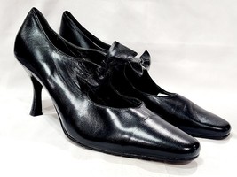 John David EMMA Black Leather Bow Heel Pump Ribbon Rockabilly Closed 11 ... - $36.00
