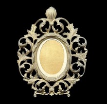 VTG Oval Picture Frame Cast Iron Classic Rococo Scroll &amp; Leaf Gold Gilt Vertical - £53.96 GBP