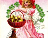 Girl in Pink Dress Basket Chicks Happy Easter Embossed DB Postcard Tuck&#39;... - $5.31