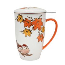 Sparrows Maple Leaves 15oz Porcelain Tea Mug With Lid &amp; Stainless Steel ... - $24.99