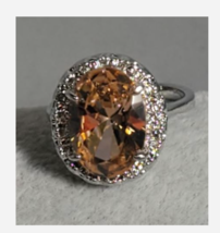 SILVER OVAL CHAMPAGNE GEMSTONE COCKTAIL RING SIZE 6 7 8 9 10 - £31.59 GBP