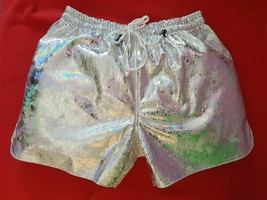 Beautiful Silver Unisex Rainbow Holographic Unicorn PVC Pride Lace-up shorts  - £36.79 GBP