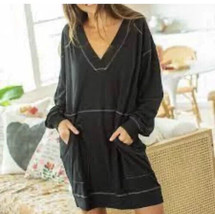 NATURAL LIFE Johnnie Cotton V-Neck Mini Dress  Long Sleeve Black NWT Bea... - $34.62