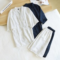 Mens Cotton Pajamas Japanese Kimono Yukata Sets Cardigan Sleepwear Stripe Short  - £79.52 GBP