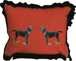 Throw Pillow Needlepoint Black Lab Dog 16x20 20x16 Red Green Cotton Velvet Back - £284.67 GBP