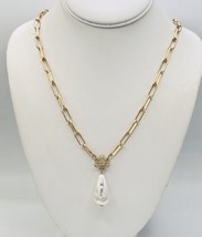 Baroque Faux Pearl Flower Pendant Necklace Matte Gold Tone Paperclip Chain - £13.86 GBP