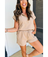 Parchment Textured Half Zip Kangaroo Pocket Top Drawstring Shorts Set - $688.20 MXN