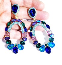 Dangle Bridesmaids Earrings, Rhinestone Drop Earrings, Blue Crystal Chandelier E - £30.75 GBP