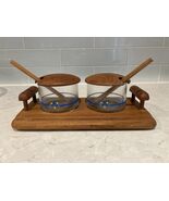 Midcentury MCM Vintage  TEAK CONDIMENT  Tray w/ 2 Jars, 2 Spoons  ~Sugar... - $21.78