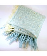 Vintage Blue Baby Blanket w/ Pink Roses, Tassels Crib Size 36x39 Mid-Century JRB
