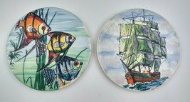 2 Vintage Ceramic Tile Hot Plate Trivet Hand Painted Fish Ship Colorful ... - £21.20 GBP