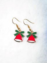 Xmas In July!! Red Gold Christmas Bells Earrings Drop 5/8&quot; Green Bow Reduced!! - £2.29 GBP