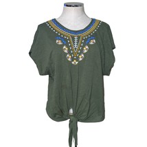 Max Studio Green Embroidered Tie Hem Boho Peasant Top Size L - $24.21 CAD