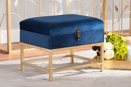 Palma Navy Blue Velvet Fabric Gold Finished Metal Small Storage Ottoman  - $1,211.74 MXN