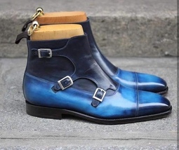 Handmade 2 Tone Blue Leather Buckle Boot, Men&#39;s Triple Monk Strap Cap To... - £117.26 GBP