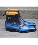 Handmade 2 Tone Blue Leather Buckle Boot, Men&#39;s Triple Monk Strap Cap To... - £119.89 GBP
