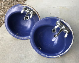 2- Kohler Matching Cast Iron Vanity Sinks ~ 1960&#39;s Vintage Blue - £257.02 GBP