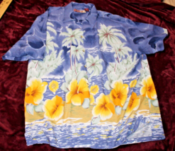 Thums Up Hawaiian Shirt Mens XL Blue Yellow Rayon Flowers Palm Trees Vin... - $16.26