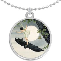Girl Riding Bat Art Nouveau Round Pendant Necklace Beautiful Fashion Jewelry - £8.60 GBP