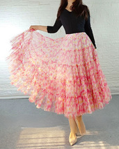 Red Sun Flower Pattern Tiered Tulle Skirt Outfit Custom Size Long Floral Skirts image 2