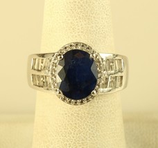 Vintage Sterling Oval Blue Sapphire Halo CZ Baguette Channel Ring Sign STS sz 7 - £67.26 GBP