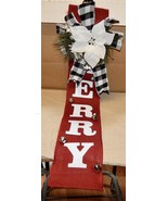 Christmas Floral Decor Burlap Merry Sign For Door 32&quot; X 6&quot; Bows &amp; Bells ... - £8.38 GBP