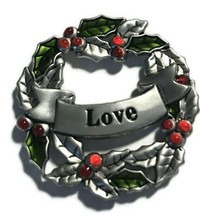 Silver Tone Wreath Pendant &quot;Love&quot; Ribbon Holly Holiday Leaves Leaf - £7.56 GBP
